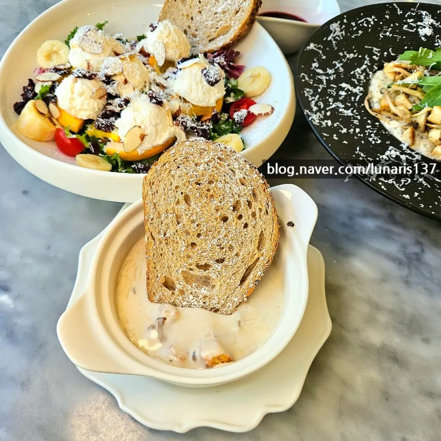 A thick bowl of mushroom soup