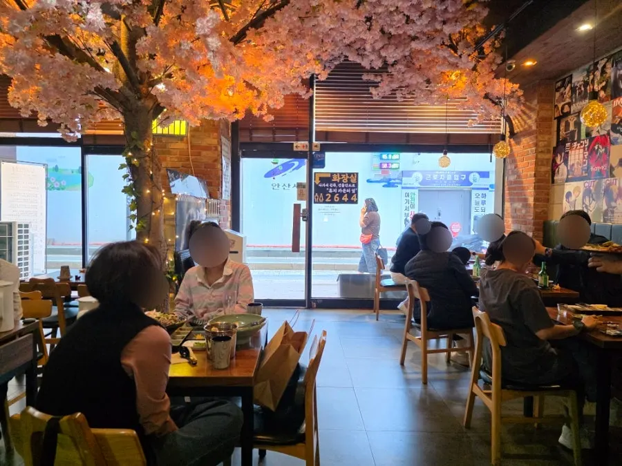 Cherry-blossom decor under warm lighting