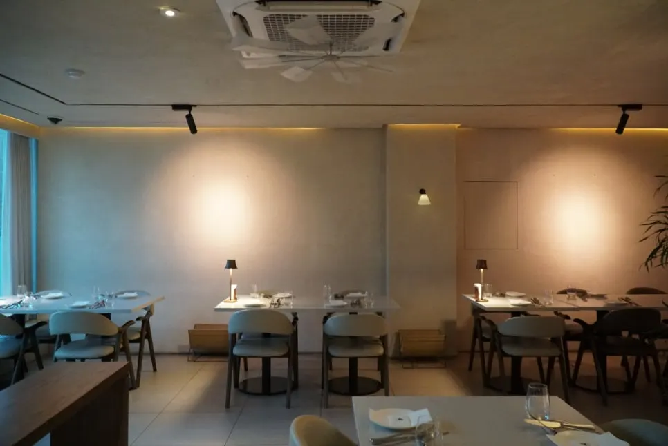 Interior with white-toned tables and soft lighting