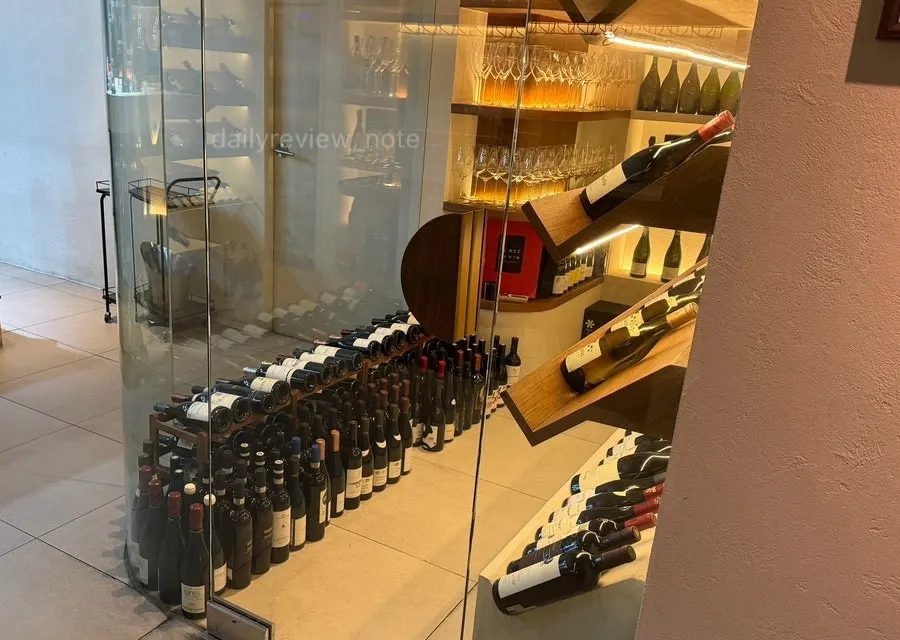 Shelving and wine glasses in Geullodeu's dedicated wine area