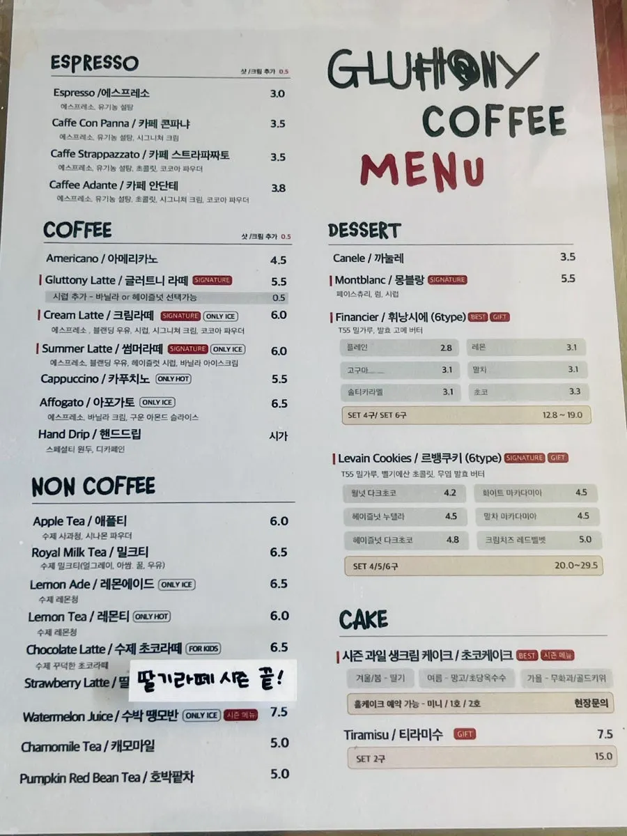 Bảng menu cà phê của Gluttony Coffee