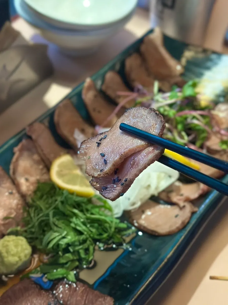Close-up of a single piece of beef tongue tataki