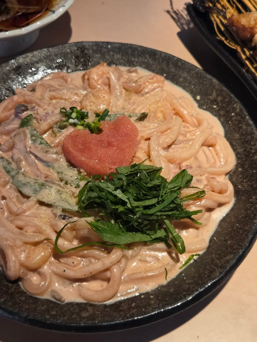 Mentaiko cream udon with a generous amount of cream sauce