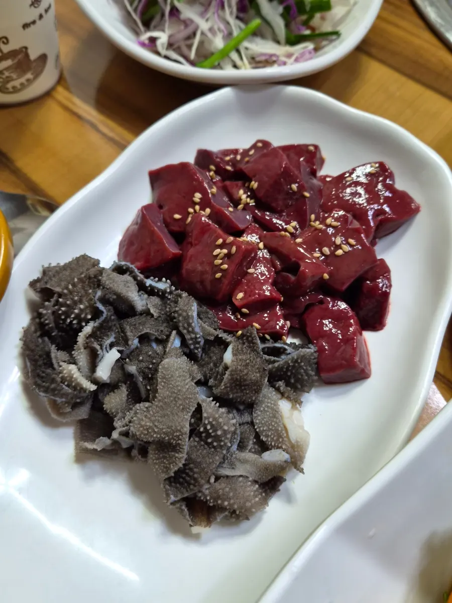 Complimentary plate of liver and tripe