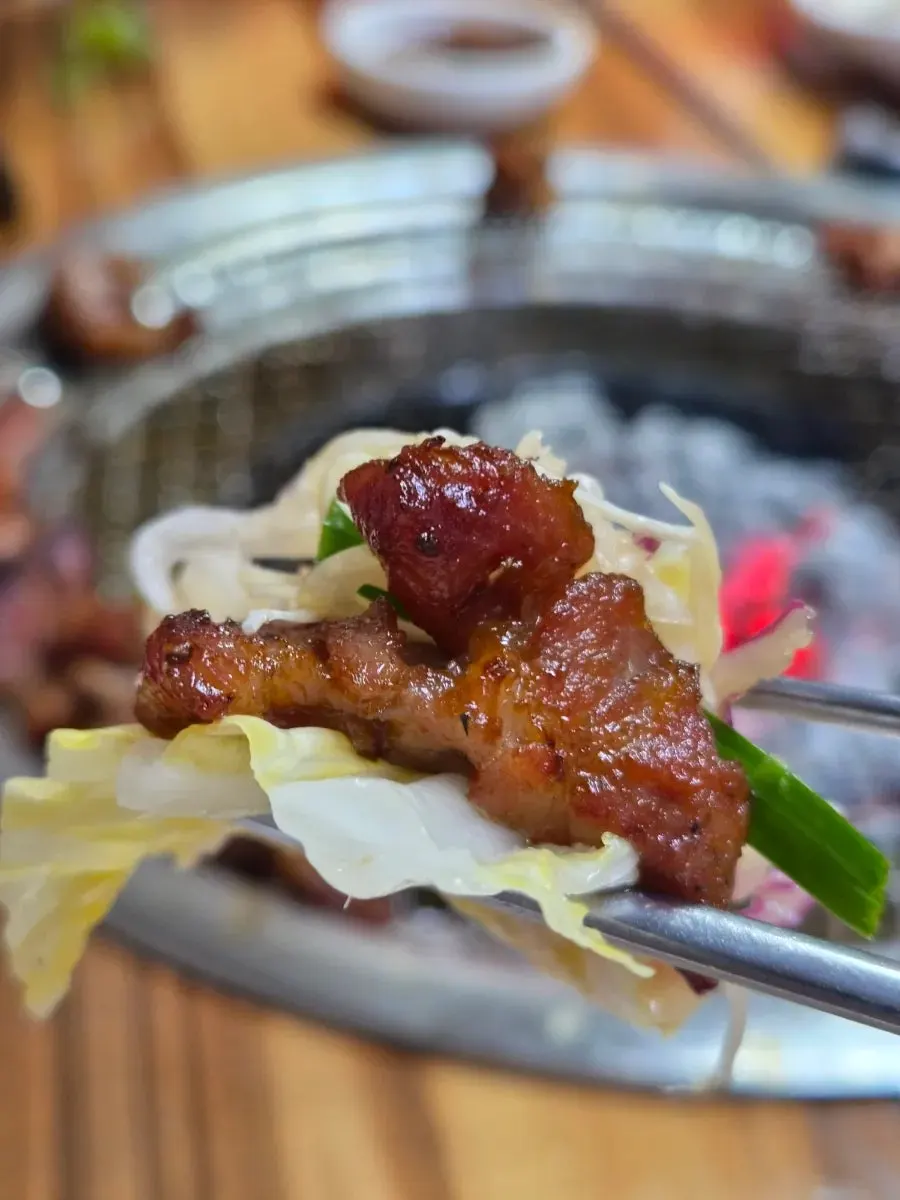 Close-up of pork ribs grilled over charcoal