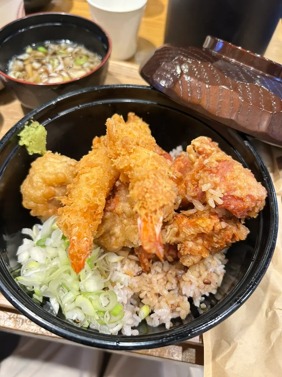 Tendon topped with handmade chicken and fried shrimp