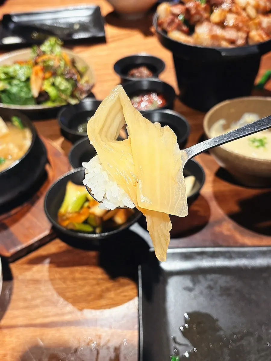 Perilla-scented baek-kimchi jjim served with a bowl of rice