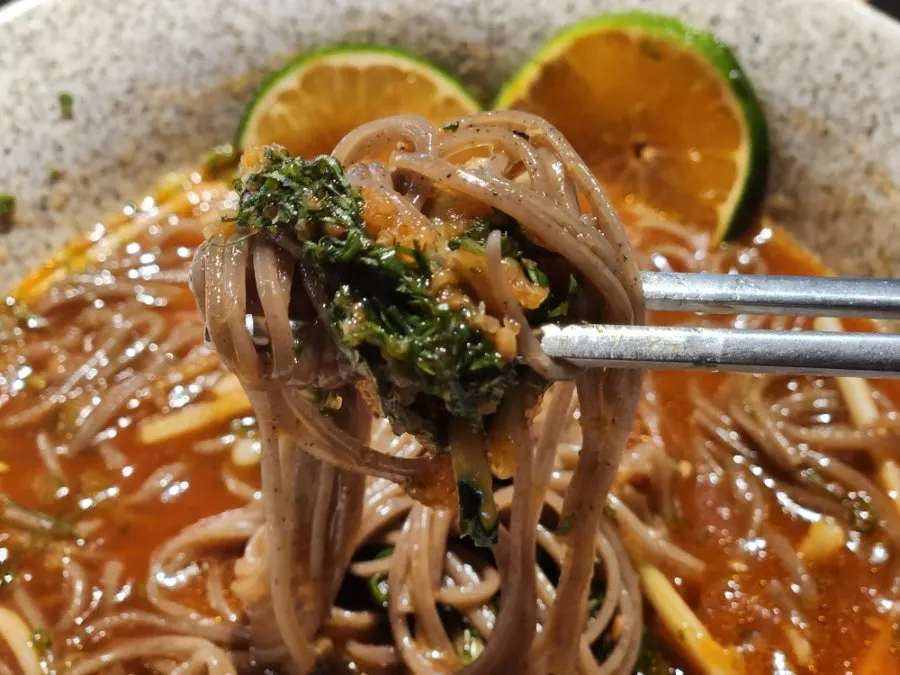 Buckwheat mul-bibim noodles mixed with sauce and broth