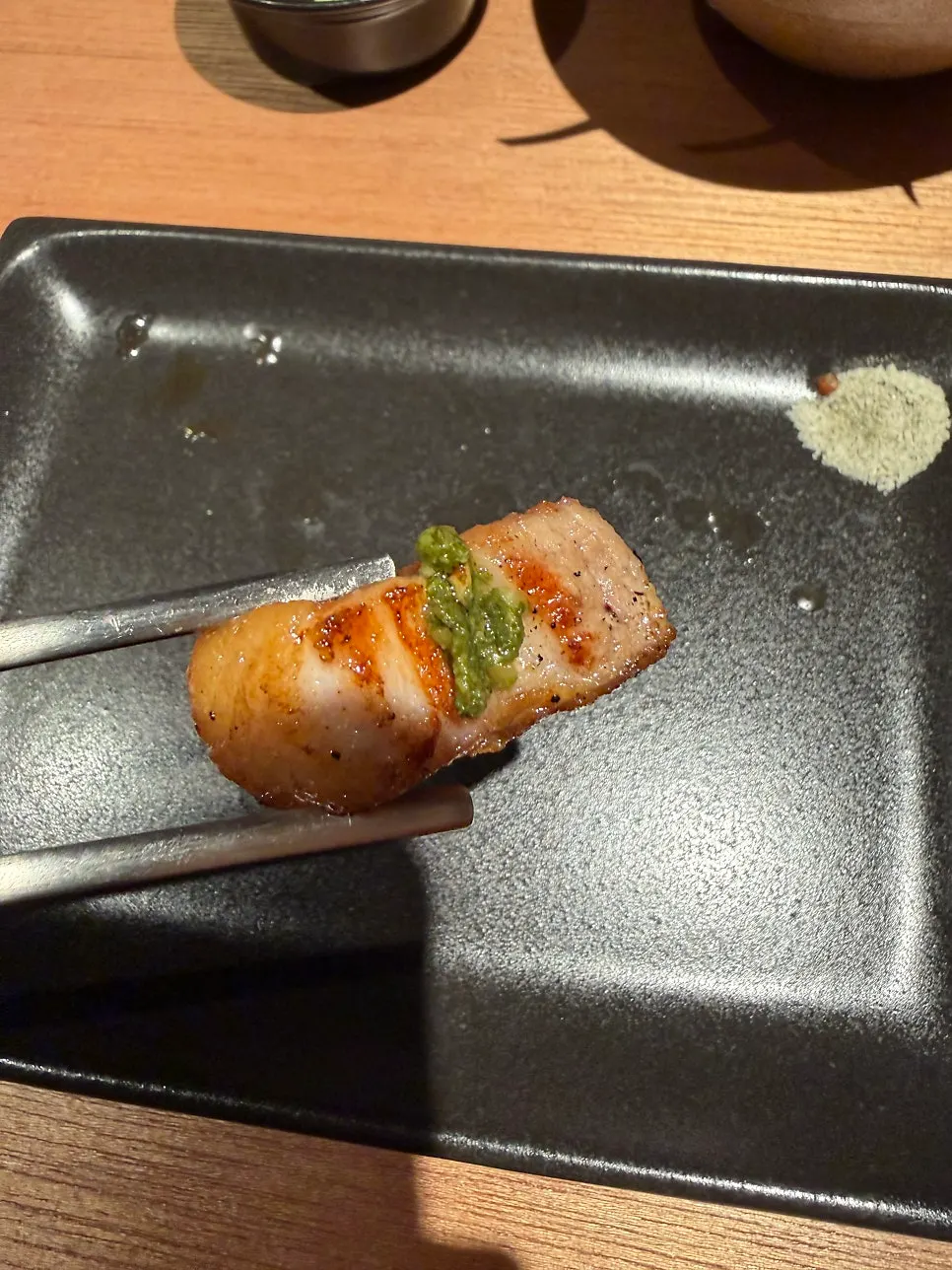 Pork belly paired with hairtail fermented sauce and sancho pepper