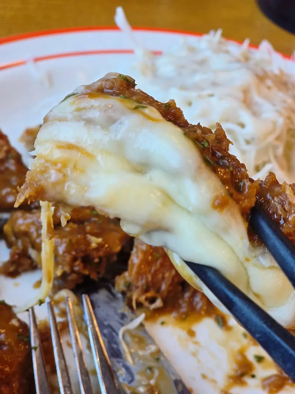 Close-up of a piece of cheese tonkatsu