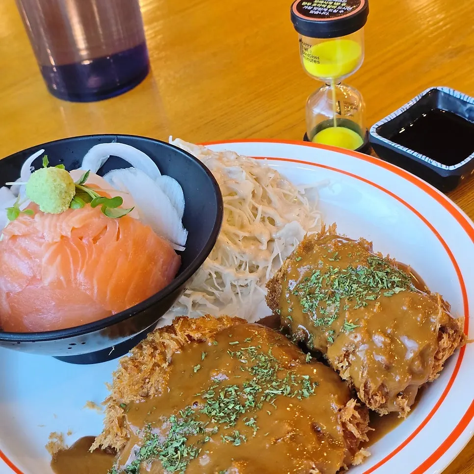Mini sake-don served alongside half-and-half tonkatsu