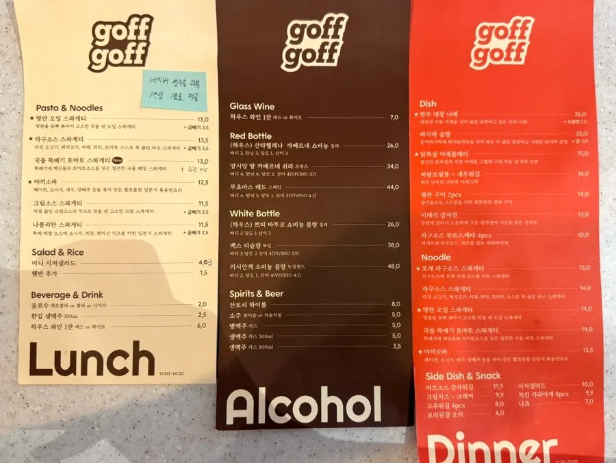 Gopeugopeu's menu split into lunch and dinner