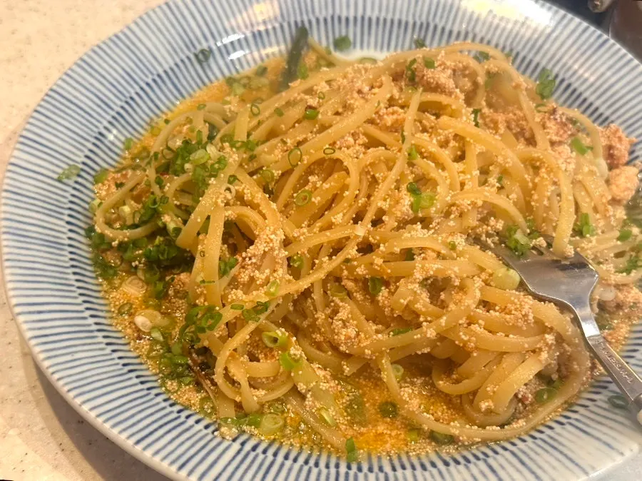 A plate of mentaiko oil spaghetti at Gopeugopeu