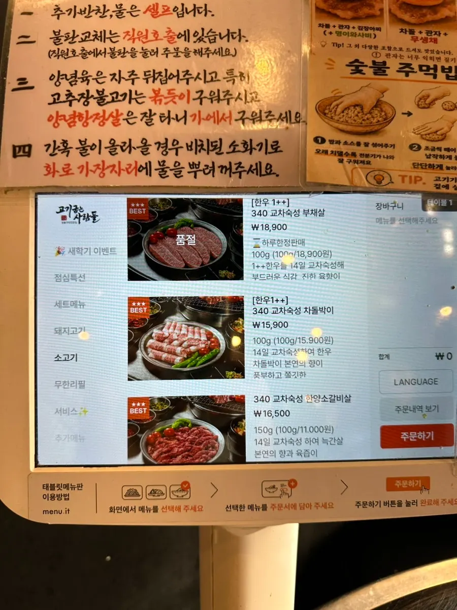 Menu board for individual cross-aged pork items