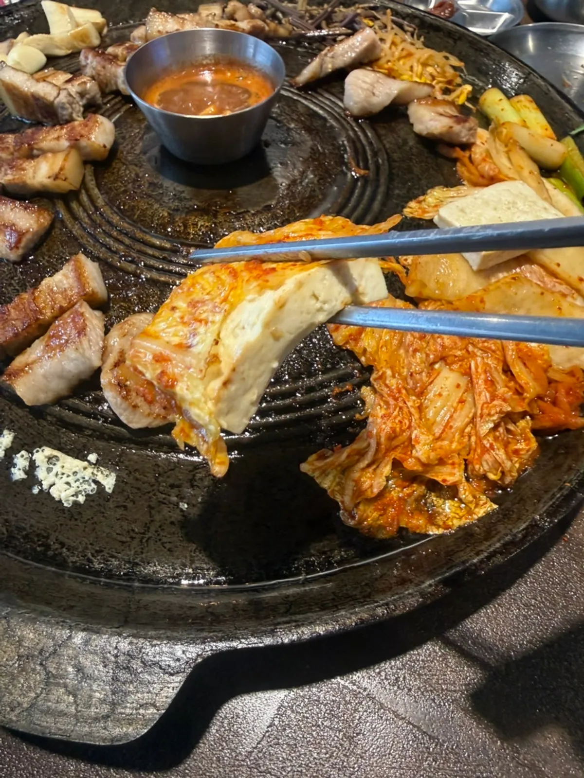 Gogigaondang pork belly on a myeongi namul wrap