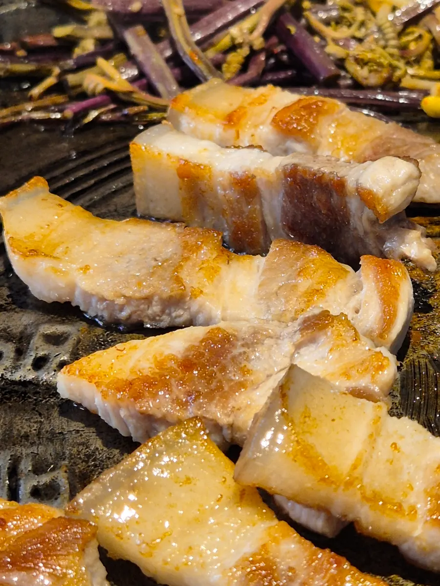 Golden-brown pork belly with the skin still attached