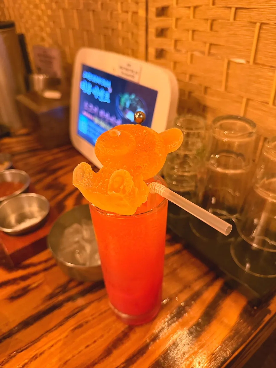 Omija highball topped with a bear-shaped ice cube