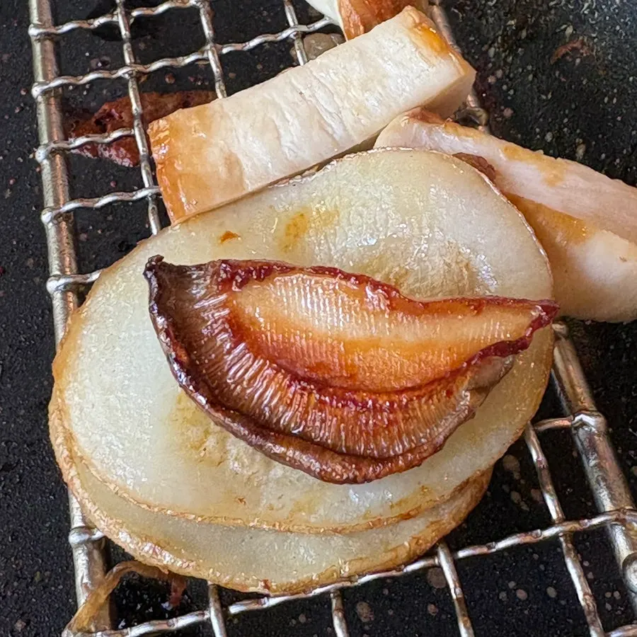 ネギの千切りとミョンイナムルを添えた肉の組み合わせ
