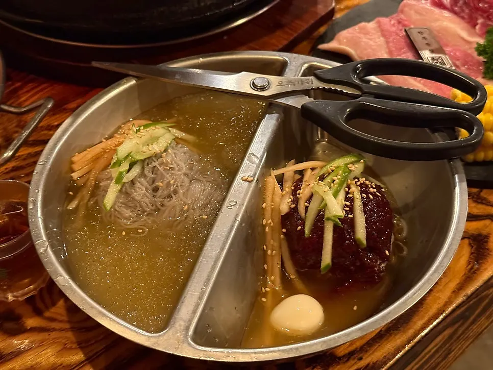 A half-and-half naengmyeon with two kinds of cold noodles