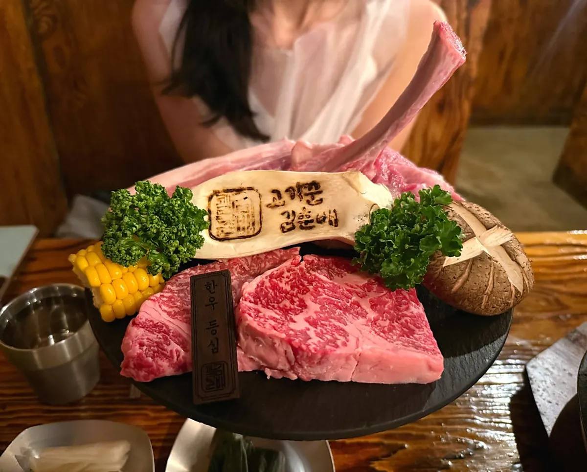 Plate of raw hanwoo/handon set for two before grilling