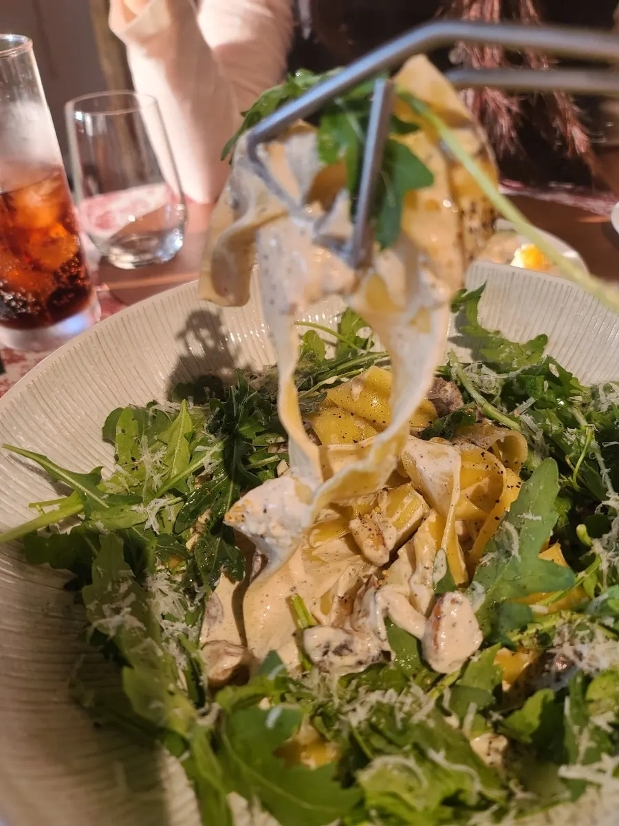 A forkful of cream pasta lifted up