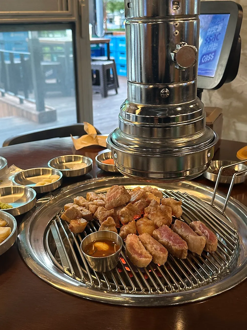 Close-up of golden-brown grilled pork belly