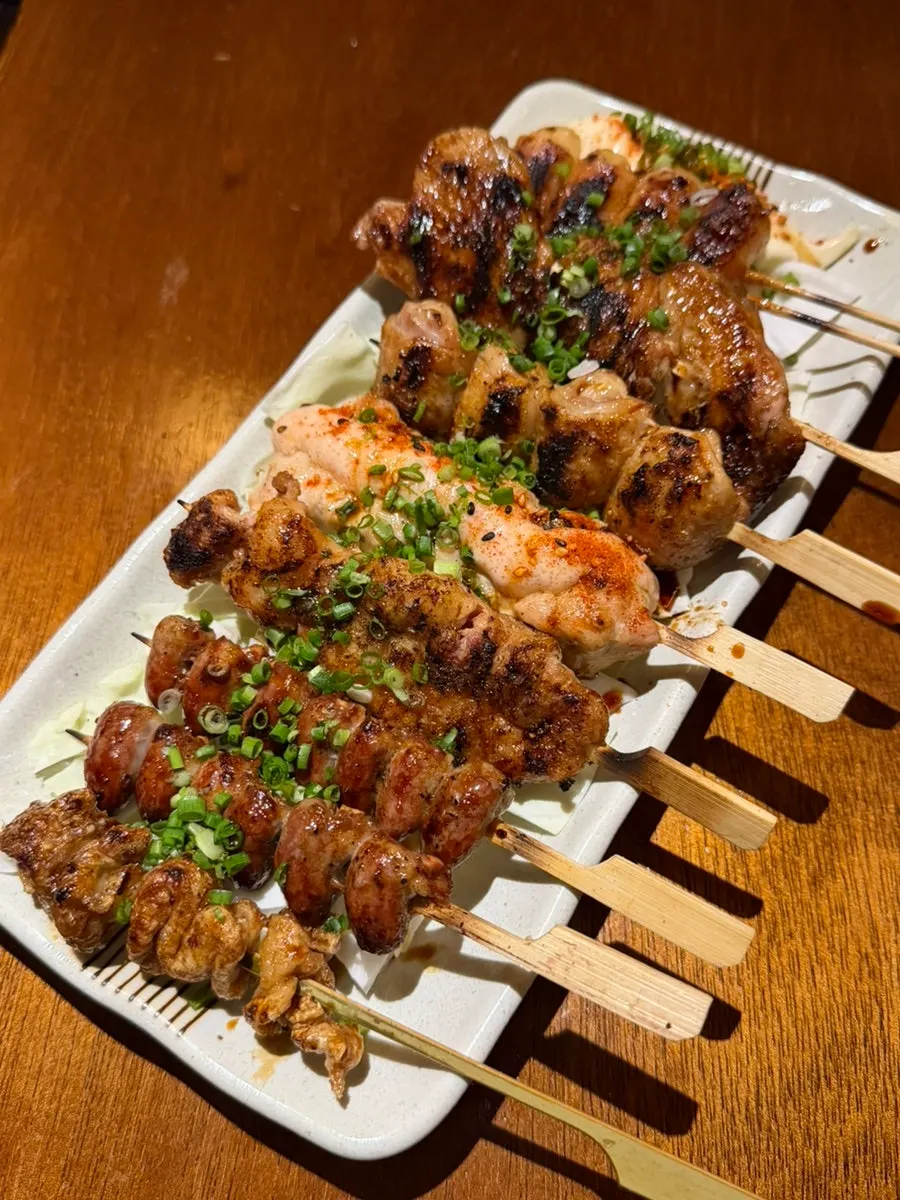 A full spread of Goko's 7-piece charcoal-grilled yakitori