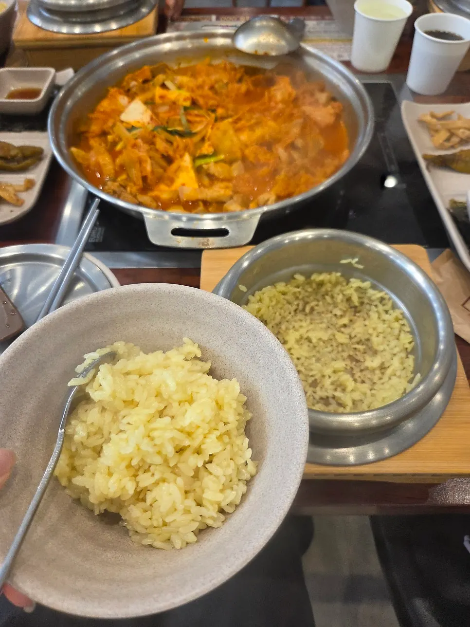 Close-up of the simmering kimchi jjigae pot