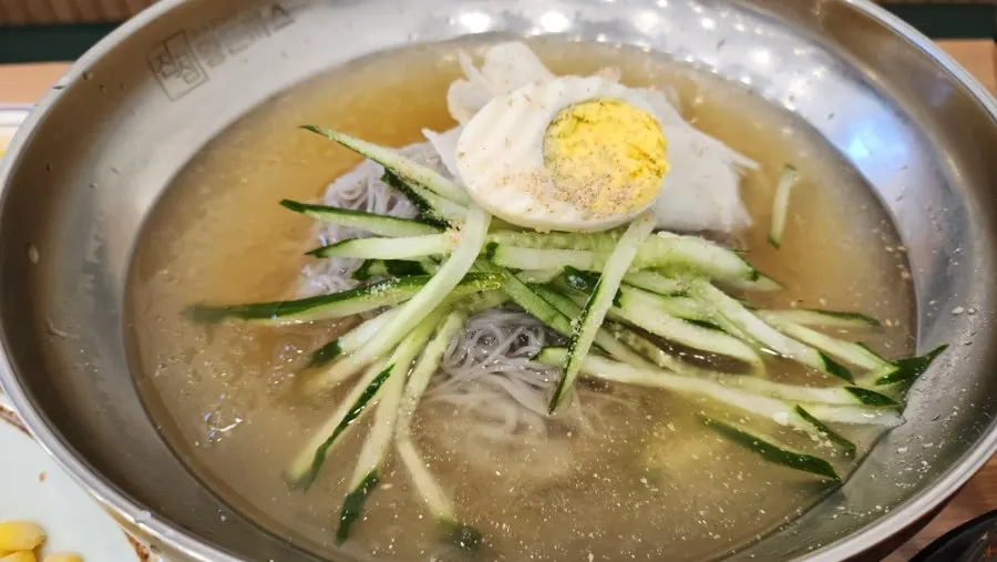 A bowl of mul naengmyeon with slushy ice