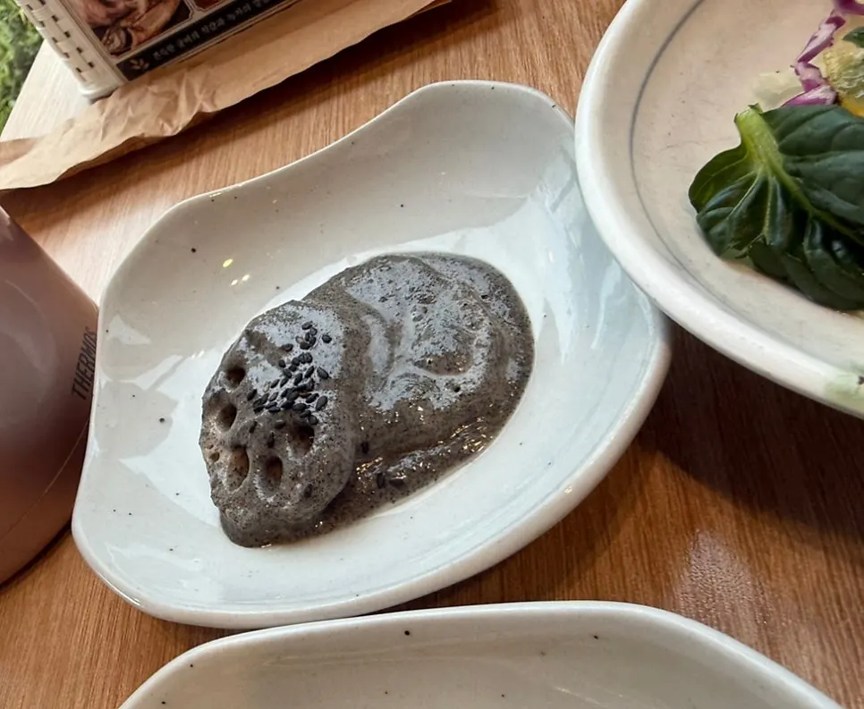Lotus root with black sesame and fried eggplant side dishes