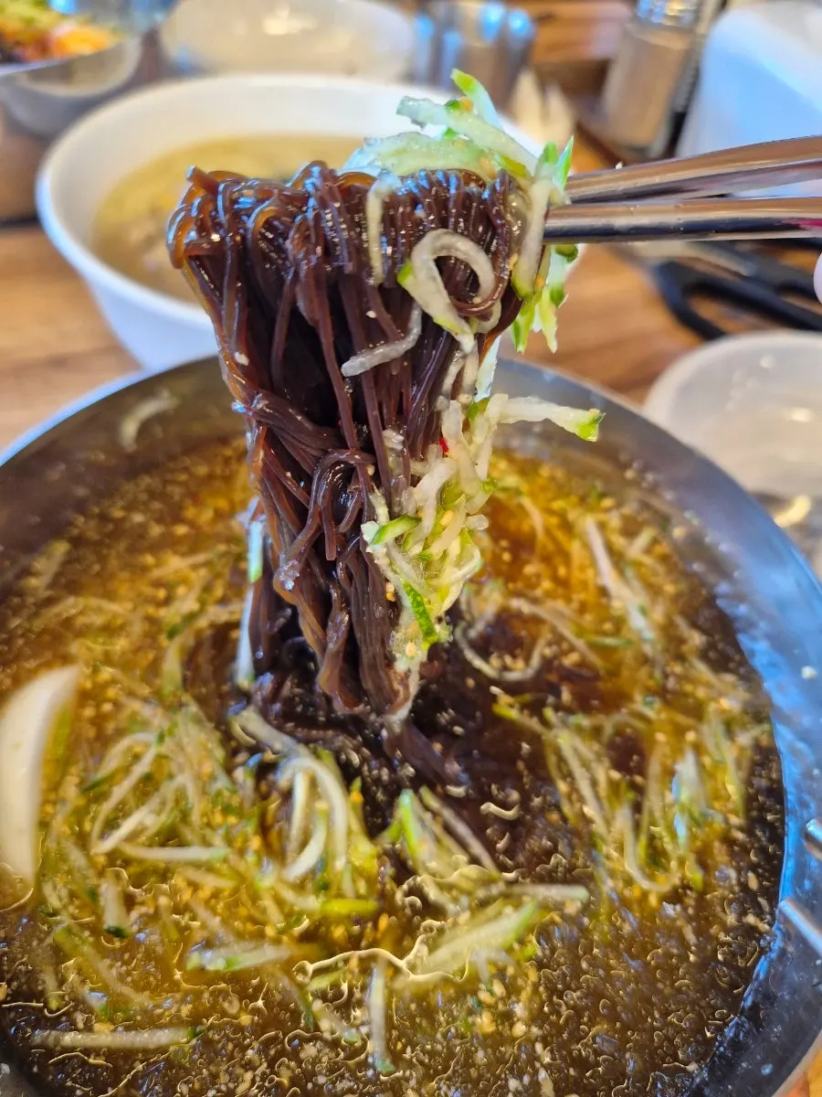젓가락으로 들어올린 자가제면 냉면 면발