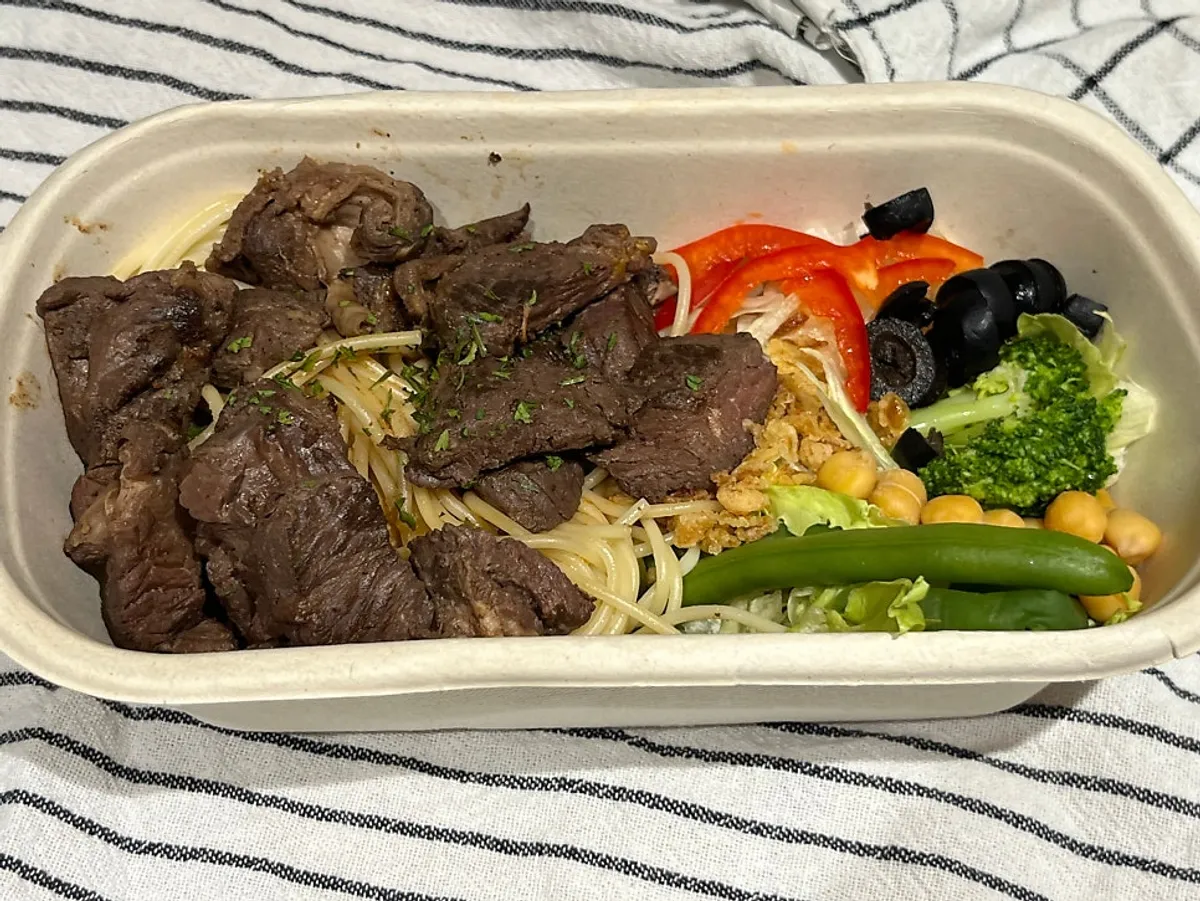 Close-up of the beef pasta protein box
