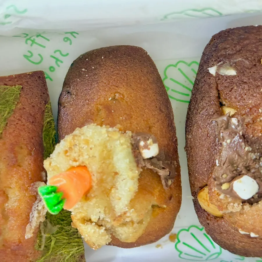 Carrot madeleine topped with a carrot-shaped chocolate