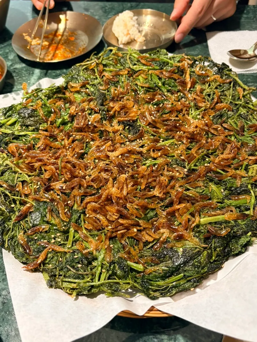 A barley shrimp minari pancake at Gongjung Dodeok