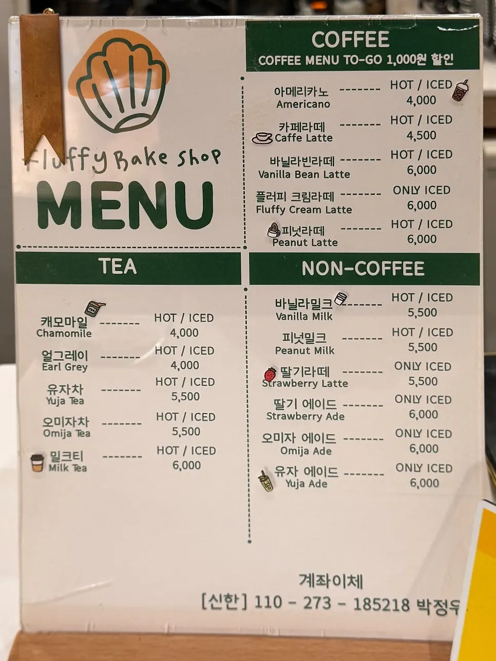 Café menu board listing coffee and tea