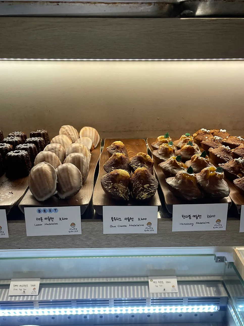 Baked goods displayed in the showcase