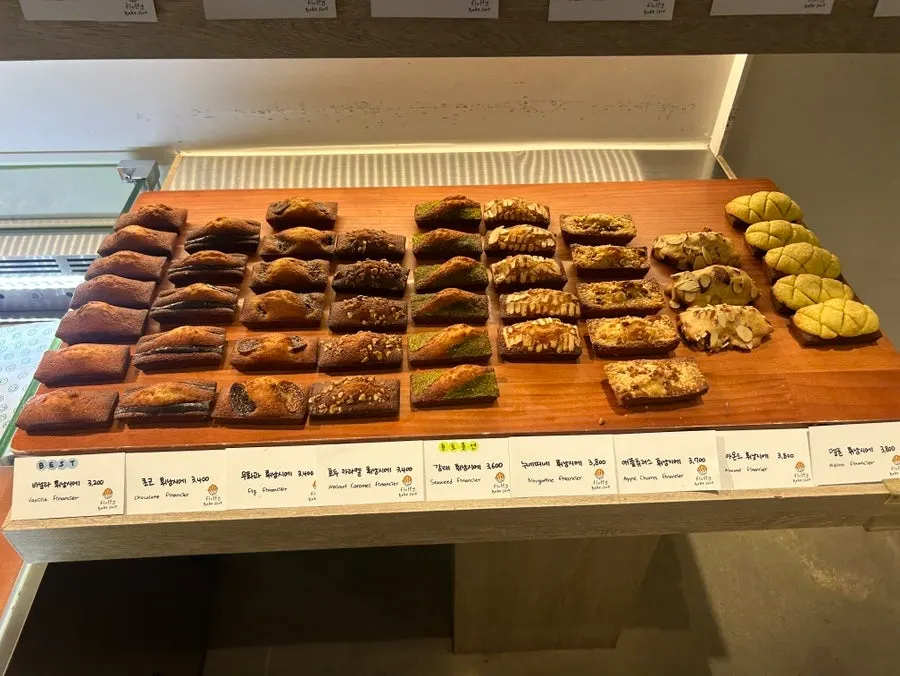 Madeleines and financiers lined up in the display case