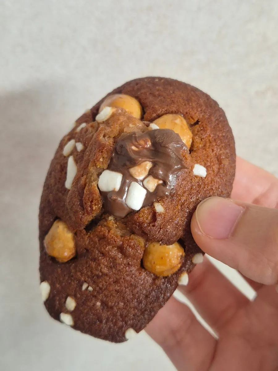 A generously sized chocolate madeleine