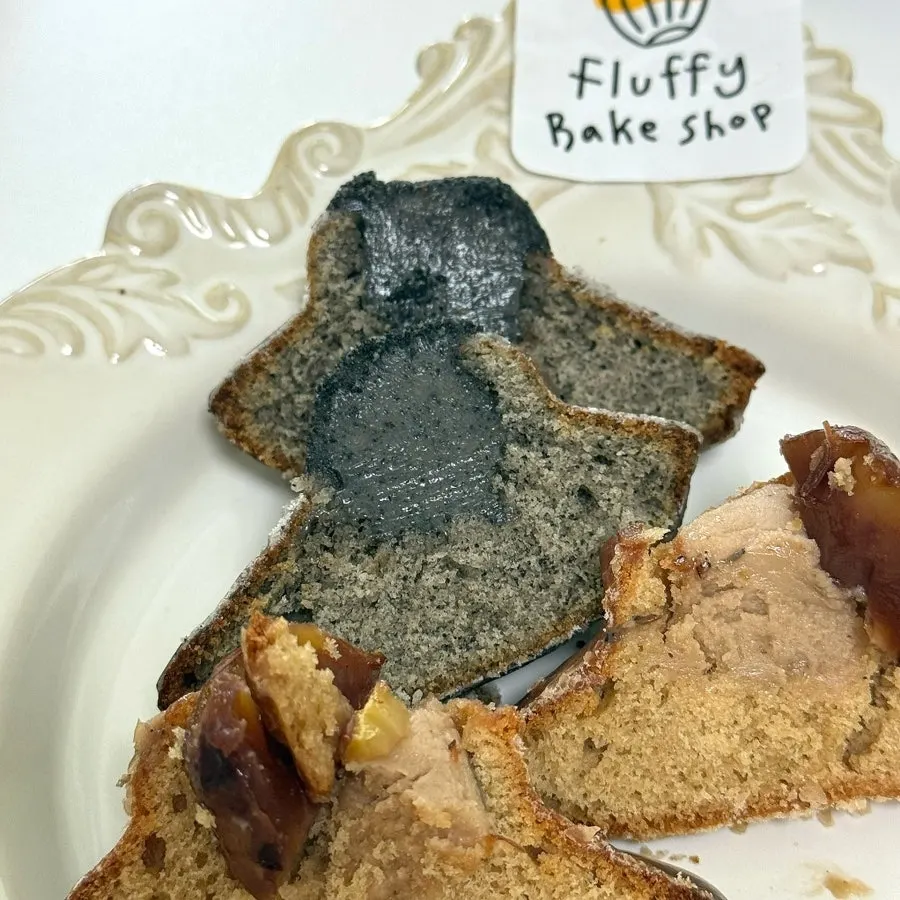 Black sesame and chestnut madeleines cut in half