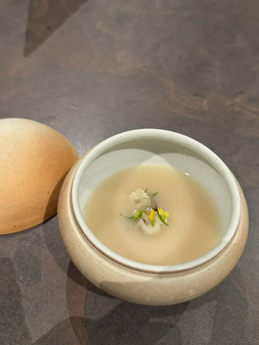 Ugye jinjuk porridge made with Korean beef bone broth and chicken stock