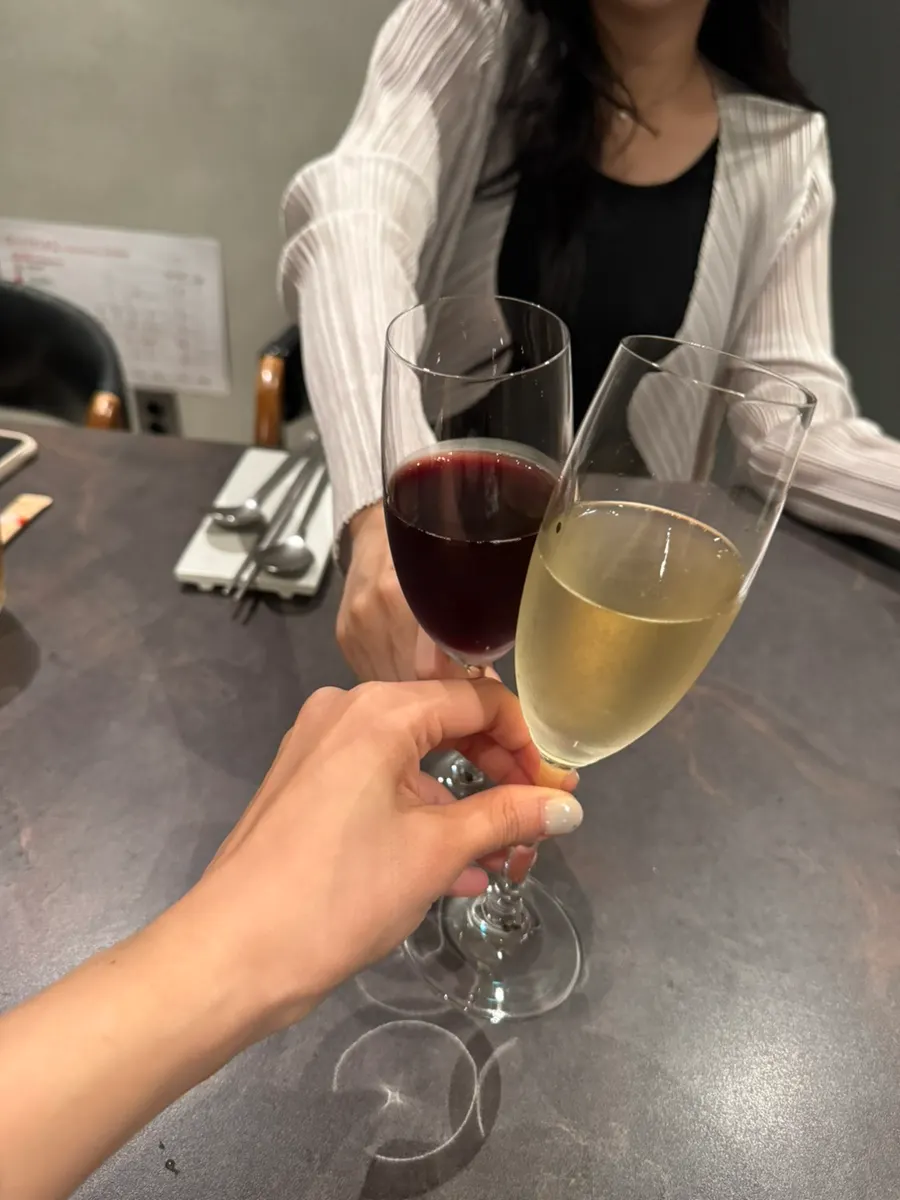Grape juice and champagne prepared for the safe-delivery celebration