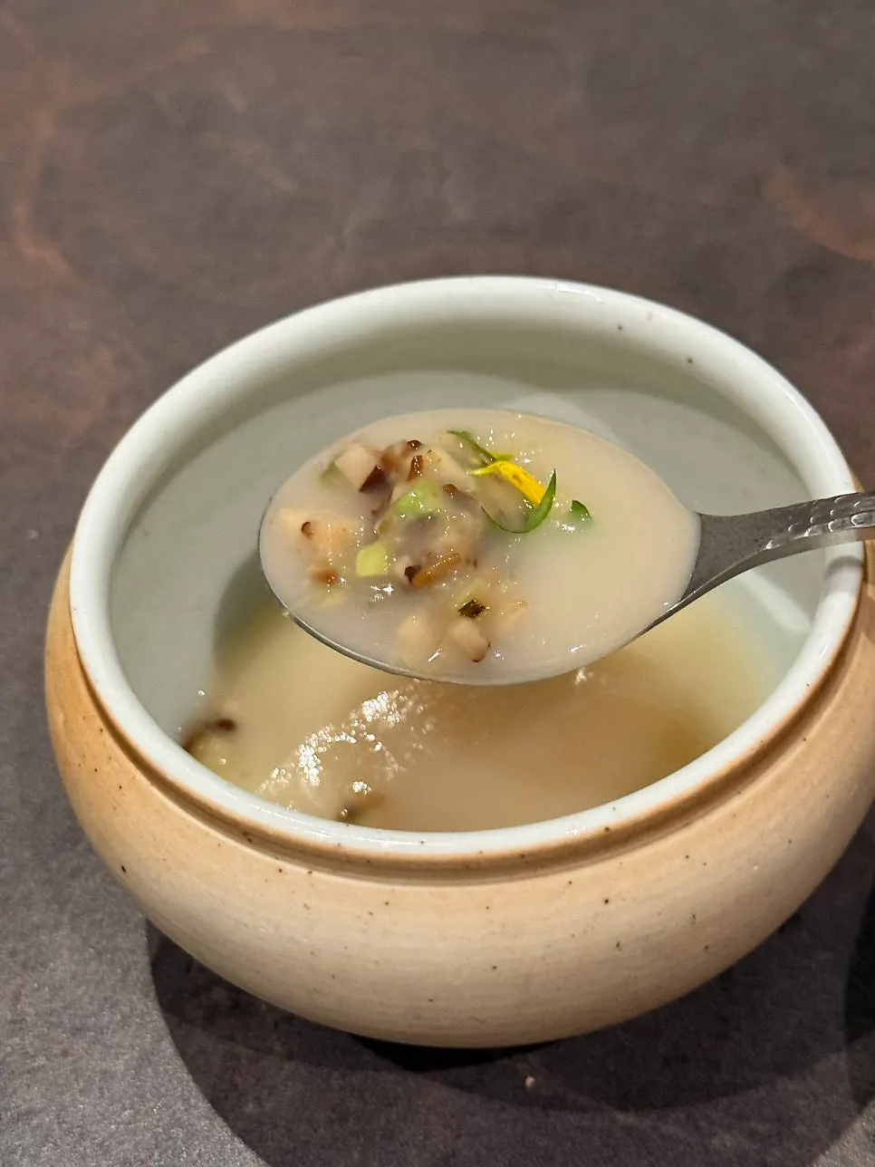 Close-up of the jinjuk made with hanwoo bone broth and chicken stock
