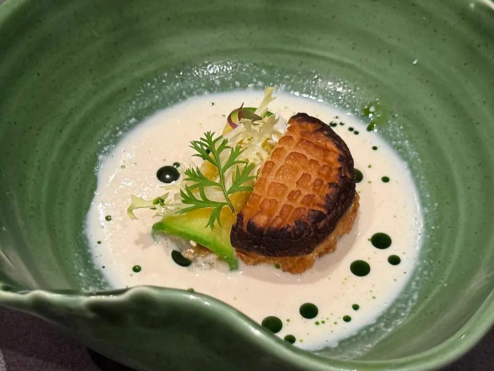 Plate with peanut tofu sauce and chamnamul oil base