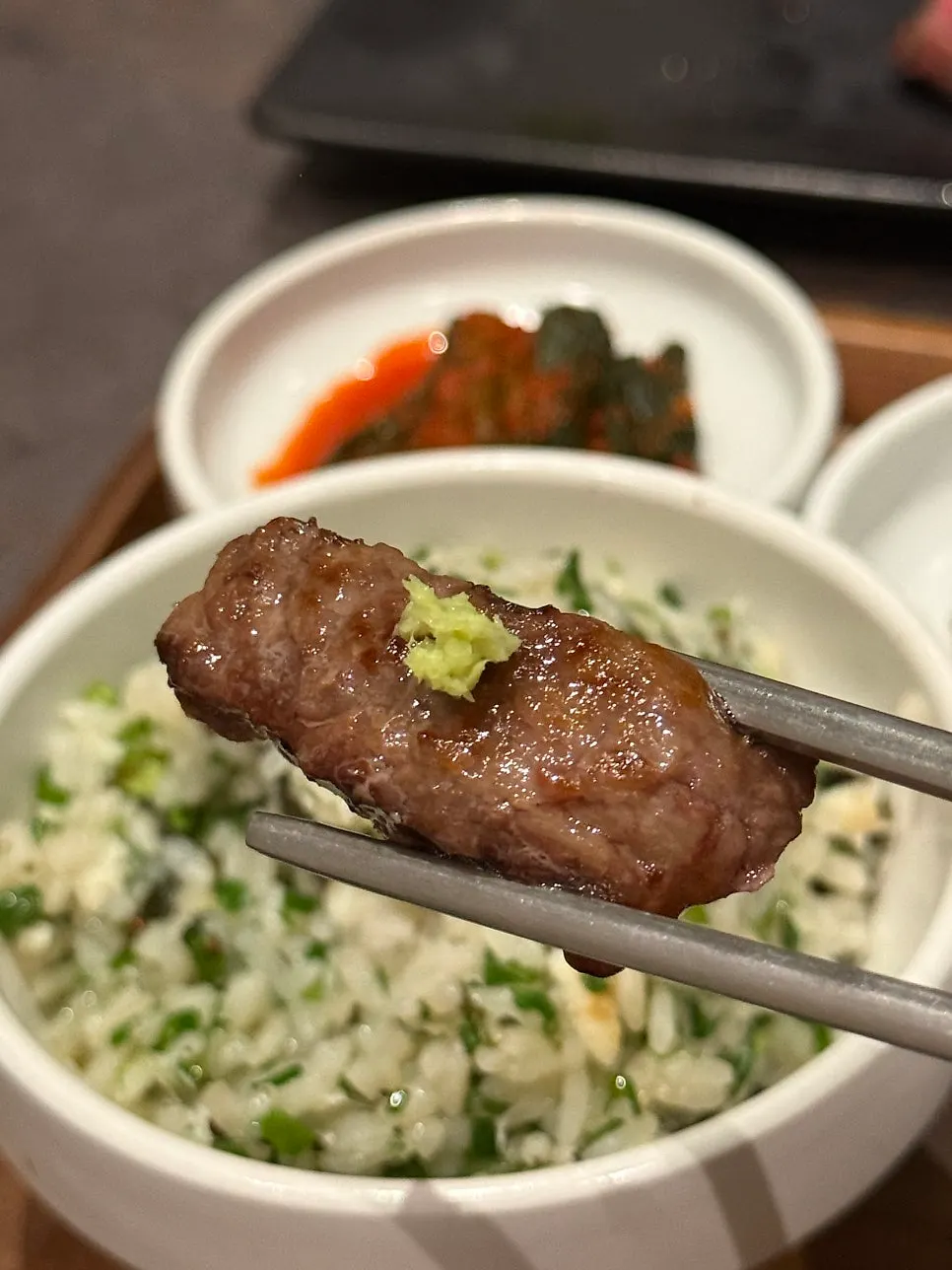 Grilled hanwoo served with coarse salt and wasabi