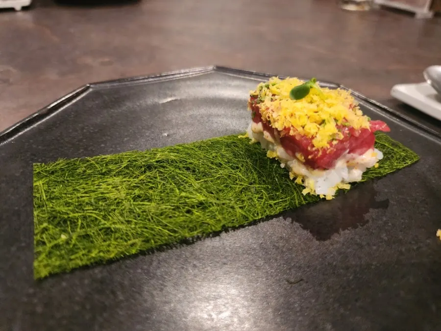 Hanwoo yukhoe wrapped in gamtae seaweed