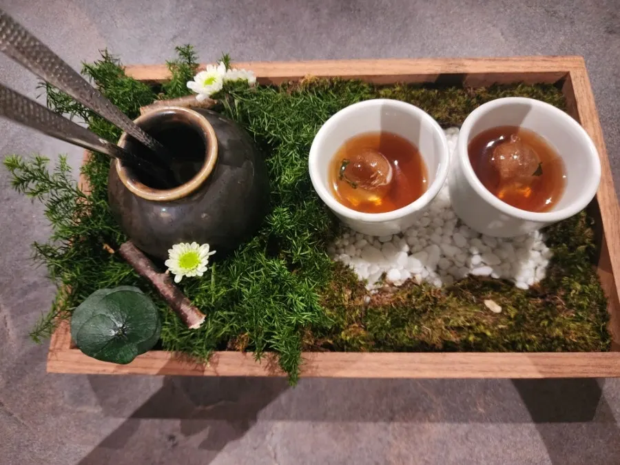 Corn dessert and jasmine tea