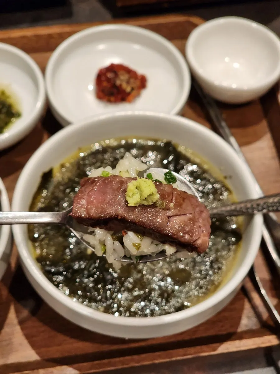 A piece of Hanwoo with wasabi