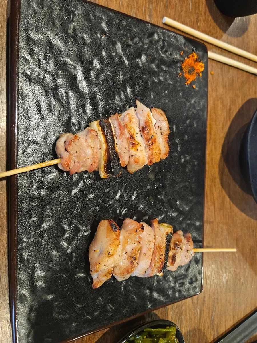 First skewer of the course, chicken tenderloin yakitori