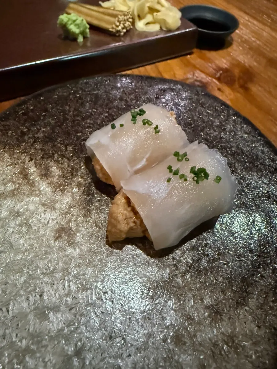 Halibut sashimi with ankimo tucked inside