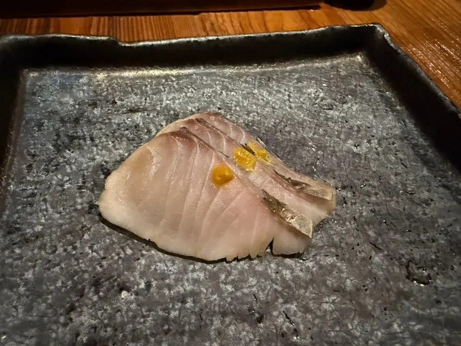 Rice-straw smoked mackerel topped with yellow mustard sauce
